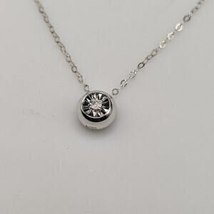 Solid 18k Minimalist White Gold Real Diamond Round Pendant Necklace Silver NWT